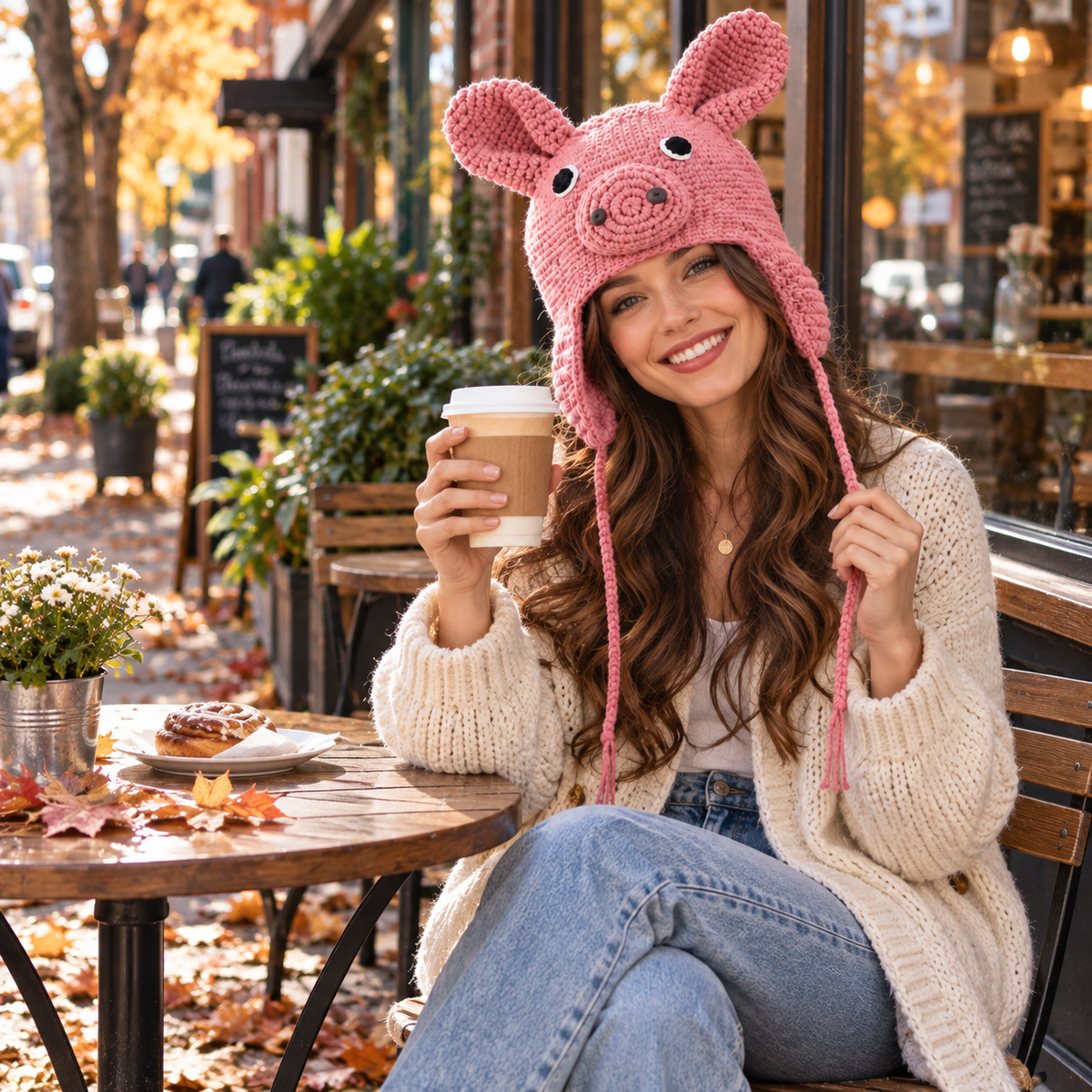 Handmade 3D Pink Pig Crochet Hat – Cute Piggy Earflap Beanie with Floppy Ears &amp; Long Ties for Kids &amp; Adults