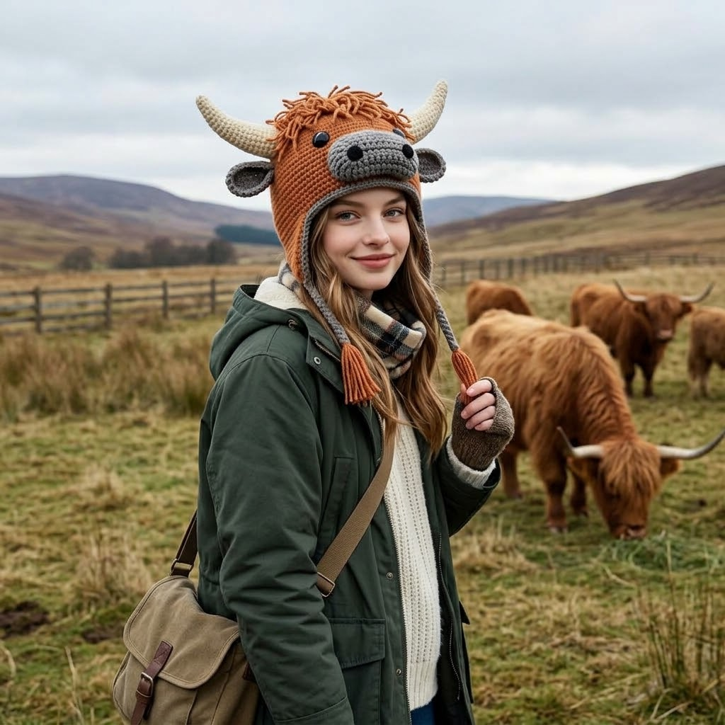 Handcrafted 3D Highland Cow Crochet Earflap Beanie with Horns & Tassels