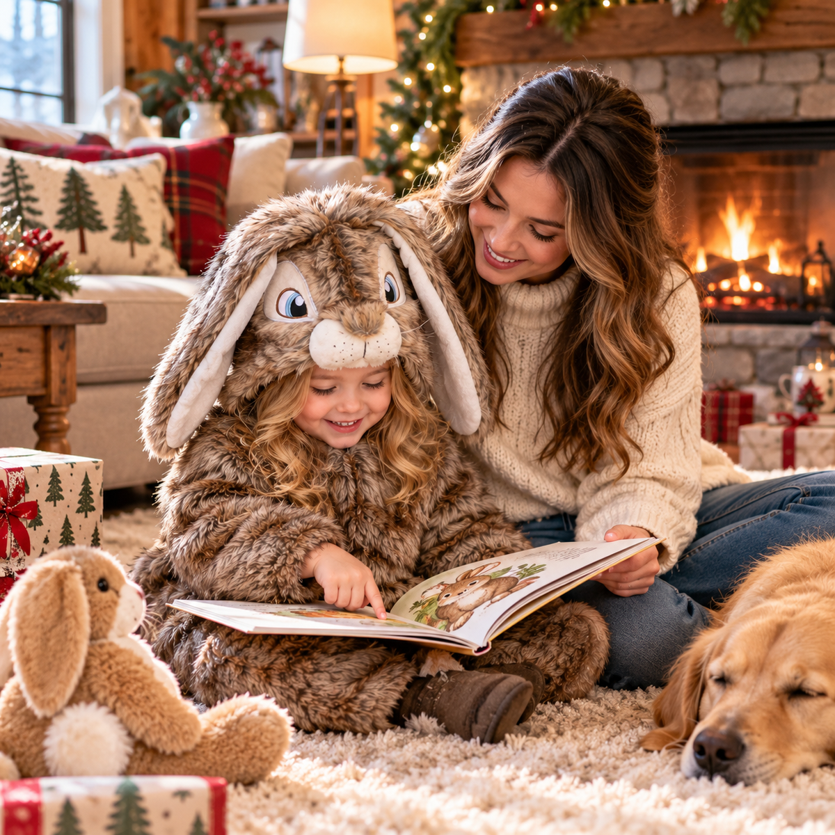 Handmade 3D Fluffy Bunny Hooded Onesie – Adorable Kids' Rabbit Costume &amp; Cozy Pajamas