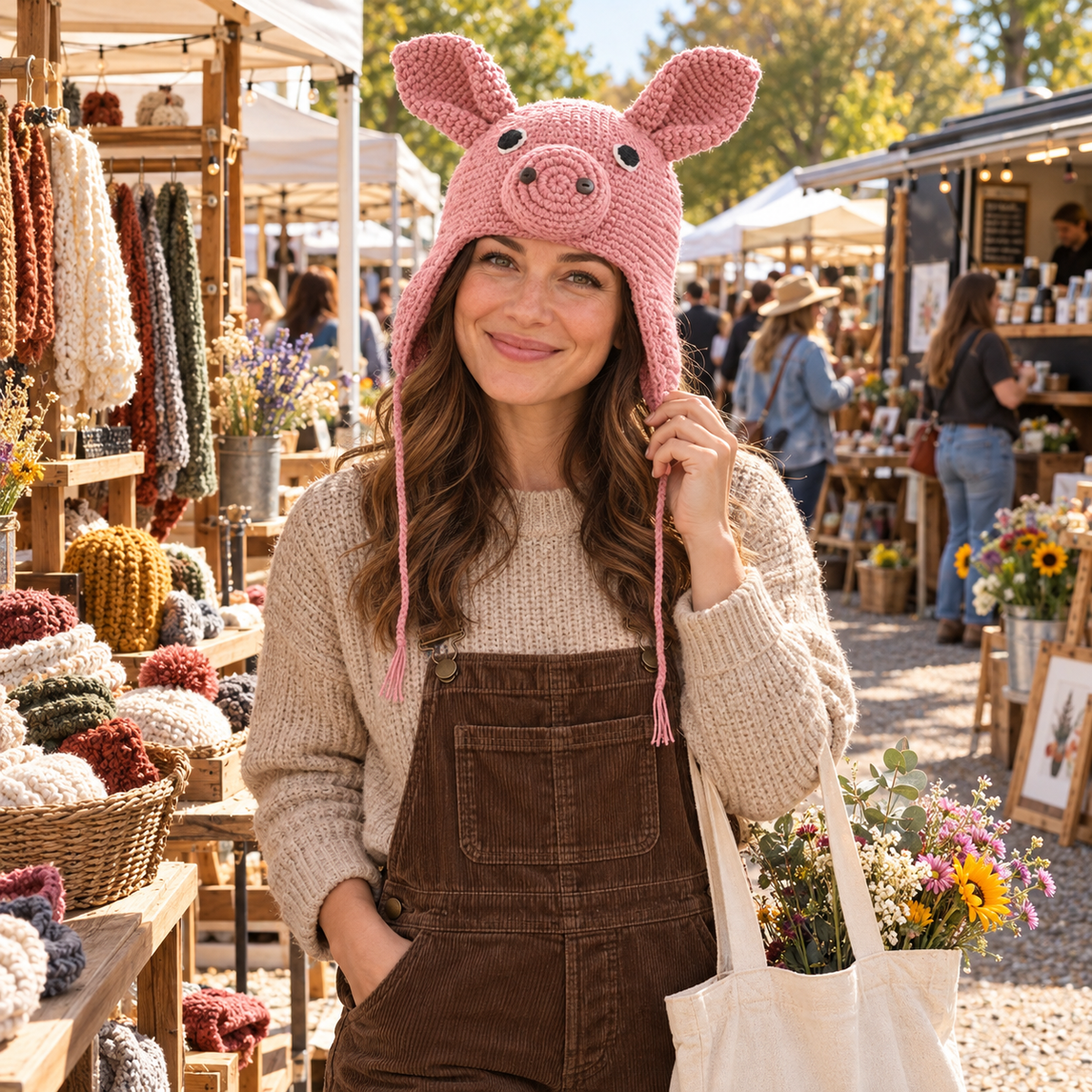 Handmade 3D Pink Pig Crochet Hat – Cute Piggy Earflap Beanie with Floppy Ears &amp; Long Ties for Kids &amp; Adults
