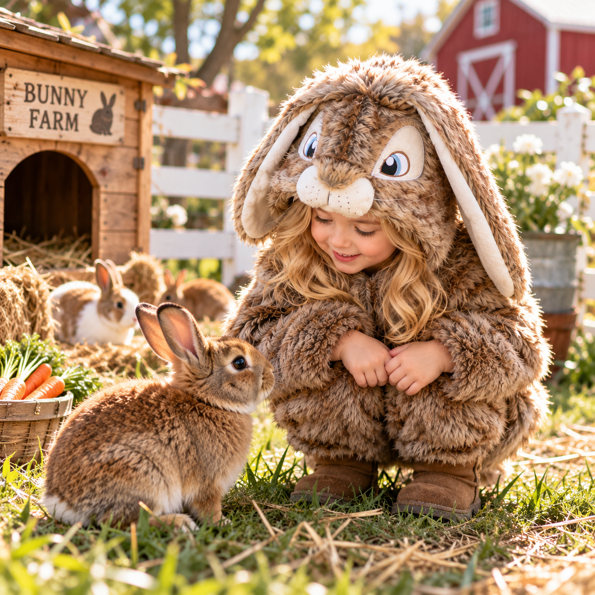 Handmade 3D Fluffy Bunny Hooded Onesie – Adorable Kids' Rabbit Costume &amp; Cozy Pajamas