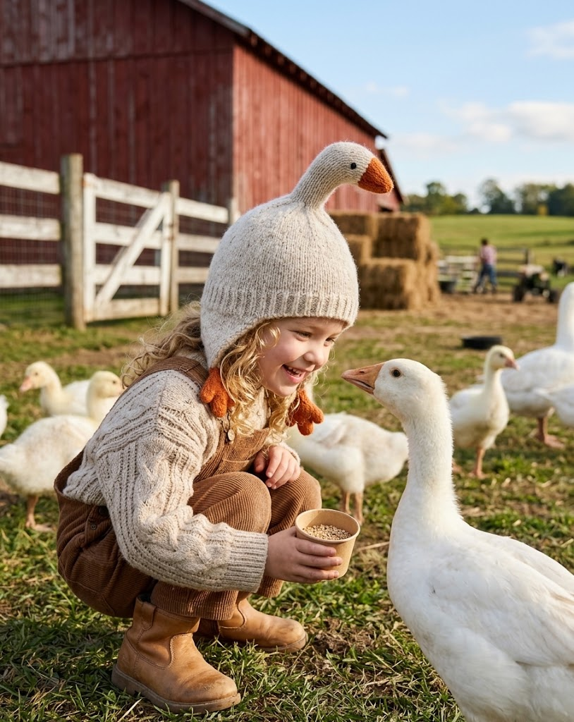 Adorable Goose 3D Knit Earflap Hat – Cute Beige Goose Beanie with Orange Beak & Hanging Webbed Feet Tassels
