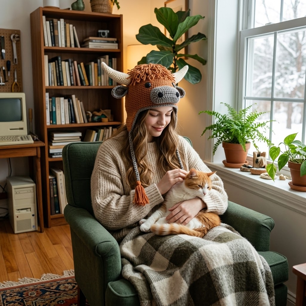 Handcrafted 3D Highland Cow Crochet Earflap Beanie with Horns & Tassels
