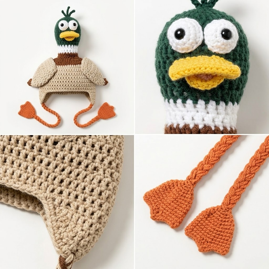 Handcrafted 3D Mallard Duck Crochet Earflap Beanie with Long Neck & Webbed Foot Tassels