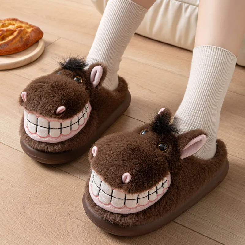 Funny Grinning Donkey Plush Slippers – Funny Big Teeth Donkey House Shoes with Floppy Ears & Thick Cushion Sole