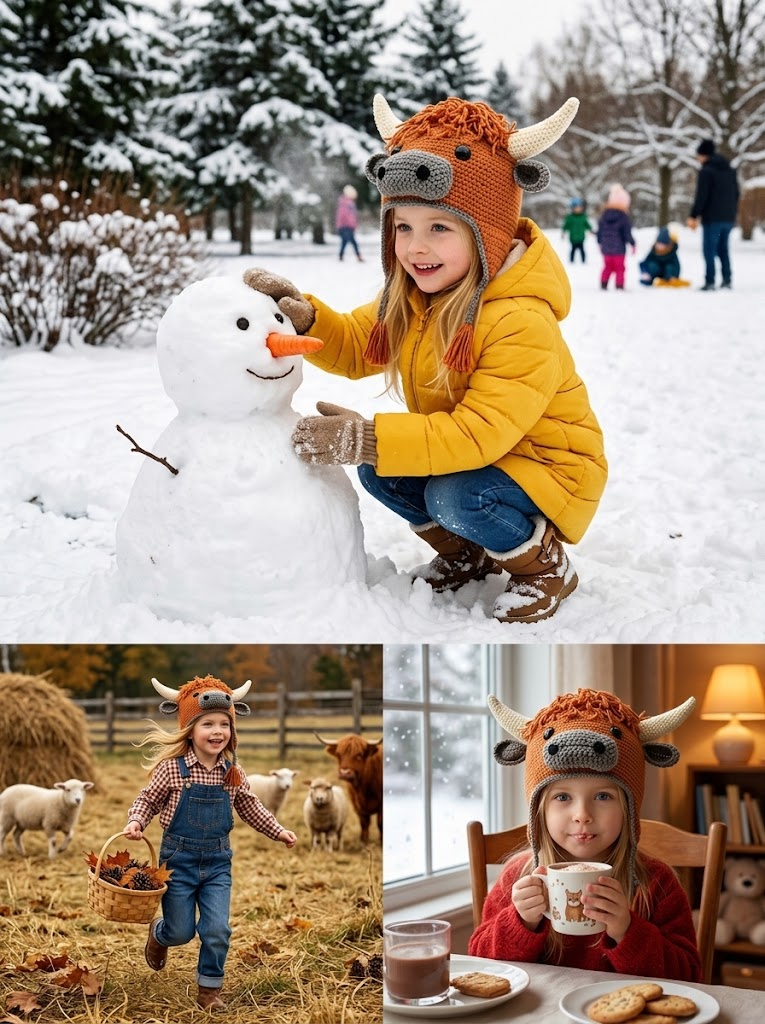 Handcrafted 3D Highland Cow Crochet Earflap Beanie with Horns & Tassels