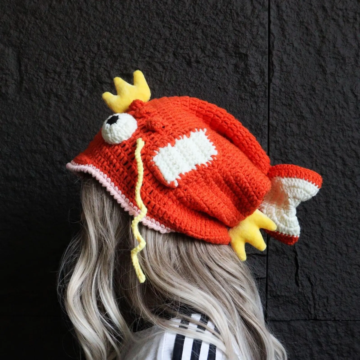 Funny Crochet Carp Head Hat with Crown & Big Eyes - Handmade Orange Fish King Beanie