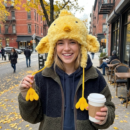 Sunny Chick Fluffy 3D Earflap Beanie with Cute Foot Tassels