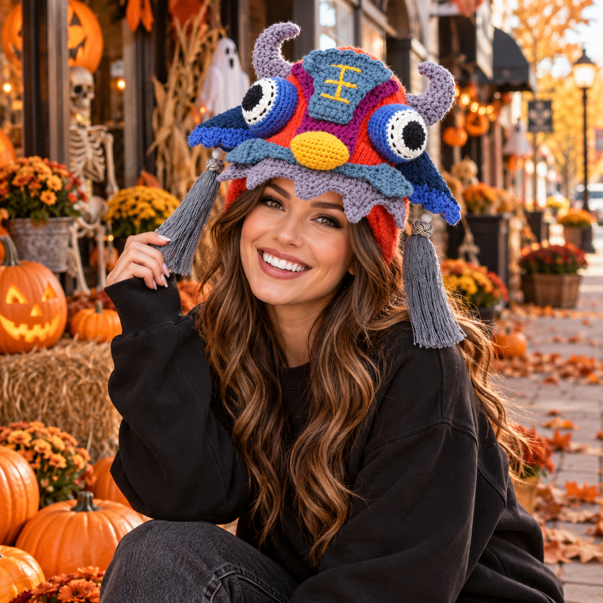 Handmade 3D Monster Crochet Hat – Colorful Creature Hat with Horns &amp; Tassels for Adults
