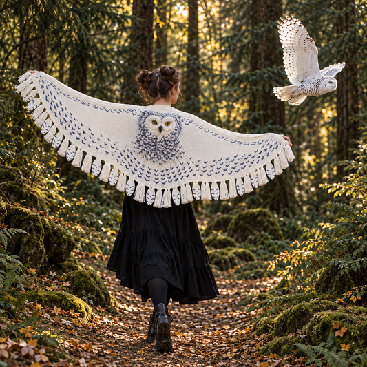 Funny Snowy Owl Wing Shawl – Knitted Scarf with Feather Fringe