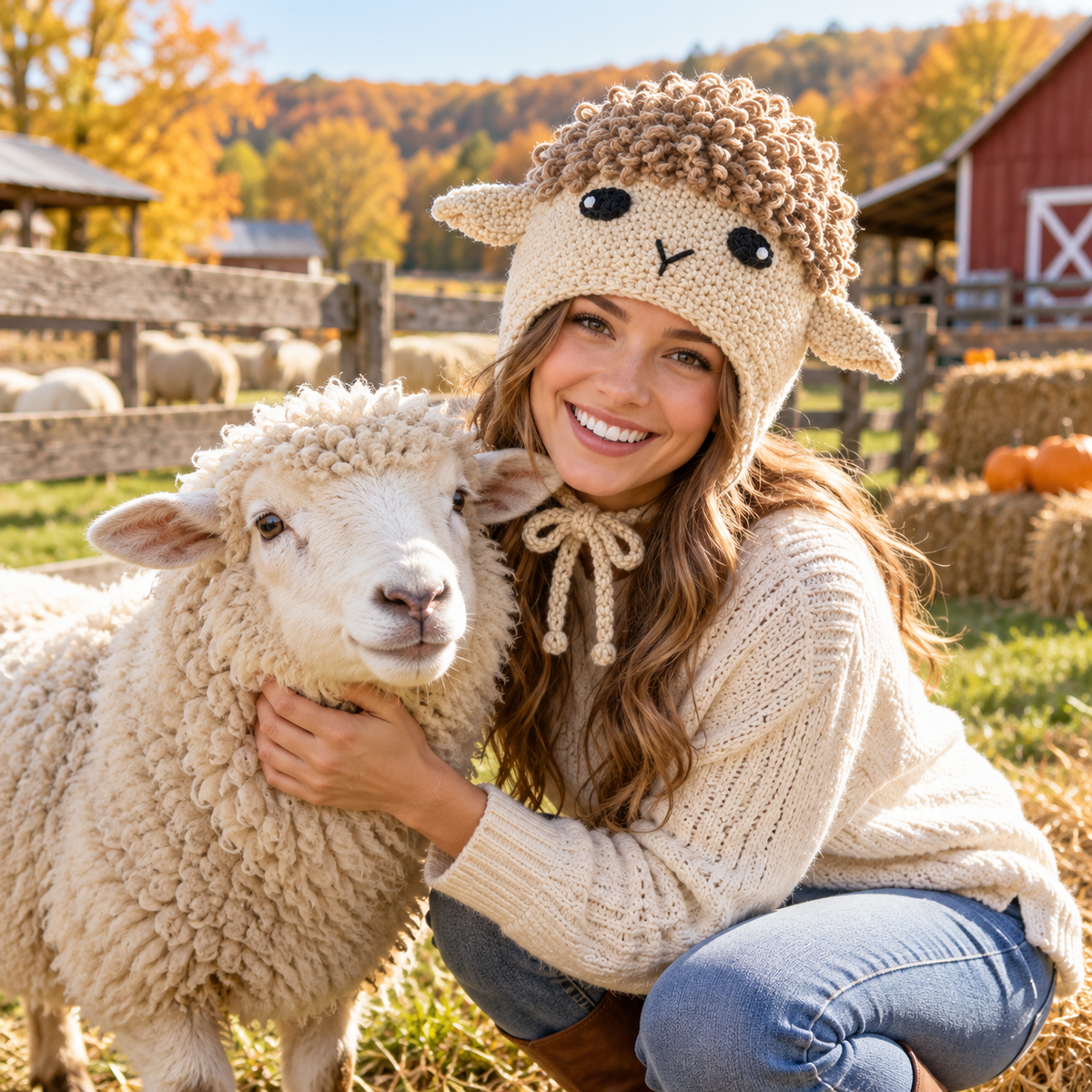 Handmade 3D Lamb Crochet Hat – Cute Fluffy Sheep Animal Earflap Hat for Kids &amp; Adults