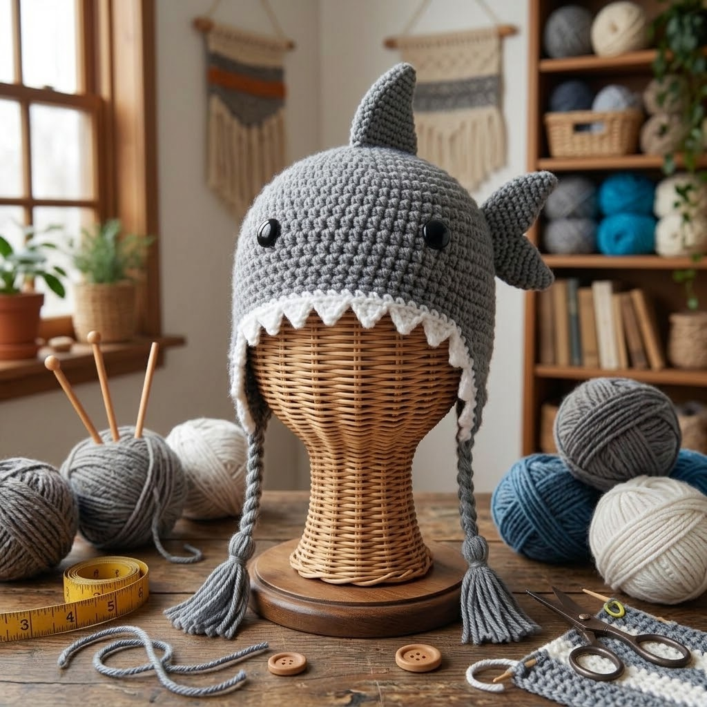 Handmade 3D Shark Crochet Earflap Beanie with Fins & Braided Tassels