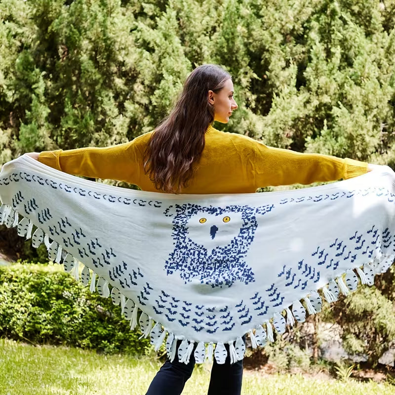 Vintage Knit Owl Wing Scarf with Tassel Fringe