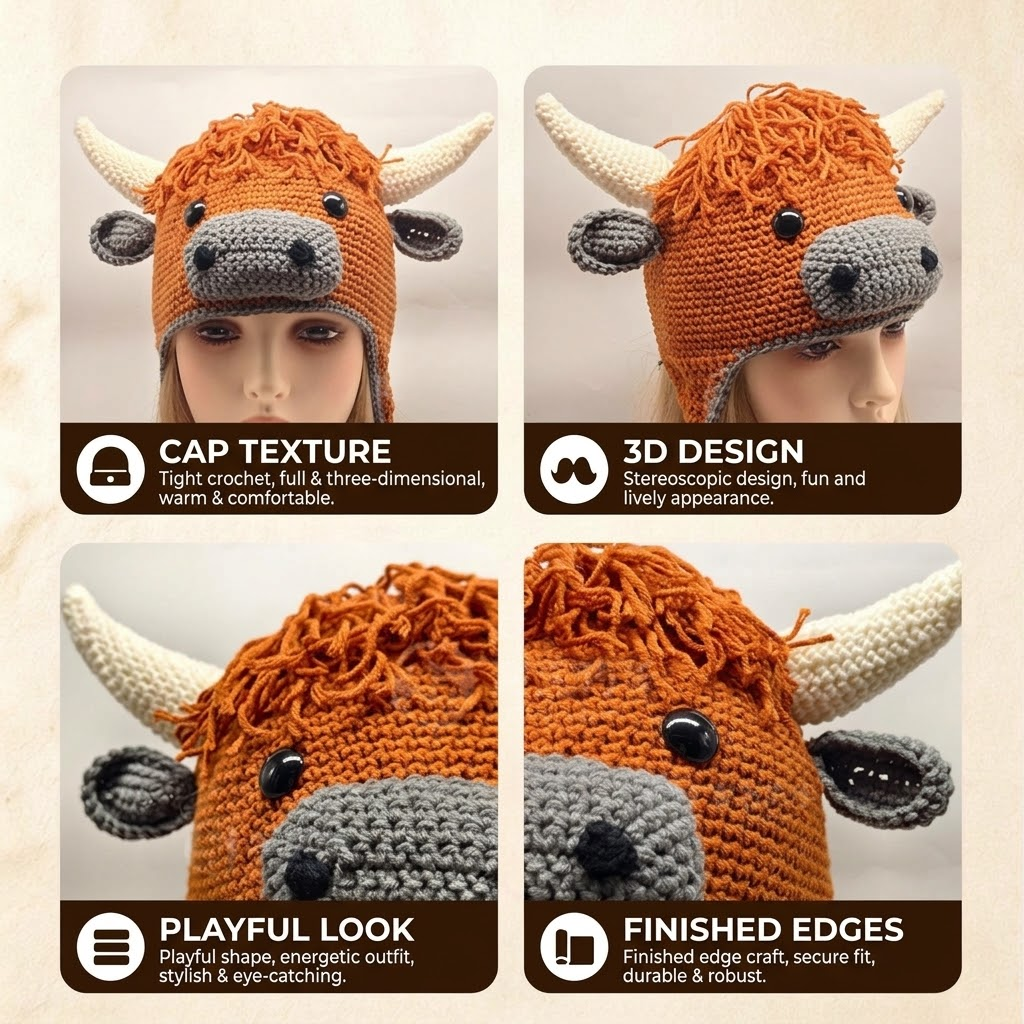 Handcrafted 3D Highland Cow Crochet Earflap Beanie with Horns & Tassels