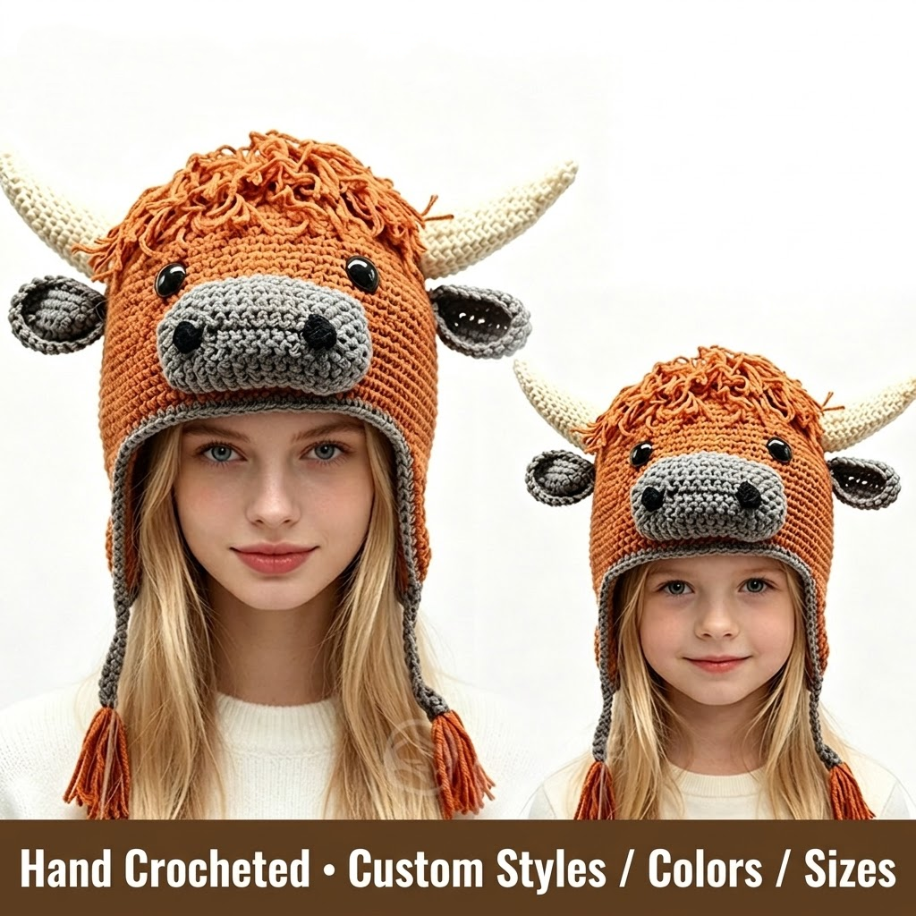 Handcrafted 3D Highland Cow Crochet Earflap Beanie with Horns & Tassels