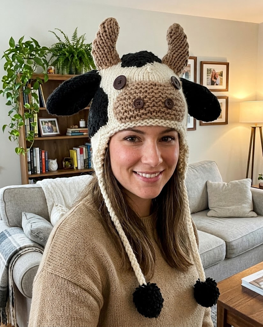 3D Spotted Cow Earflap Knit Beanie