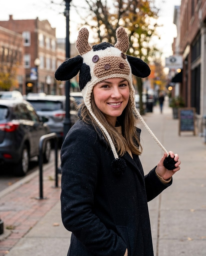 3D Spotted Cow Earflap Knit Beanie