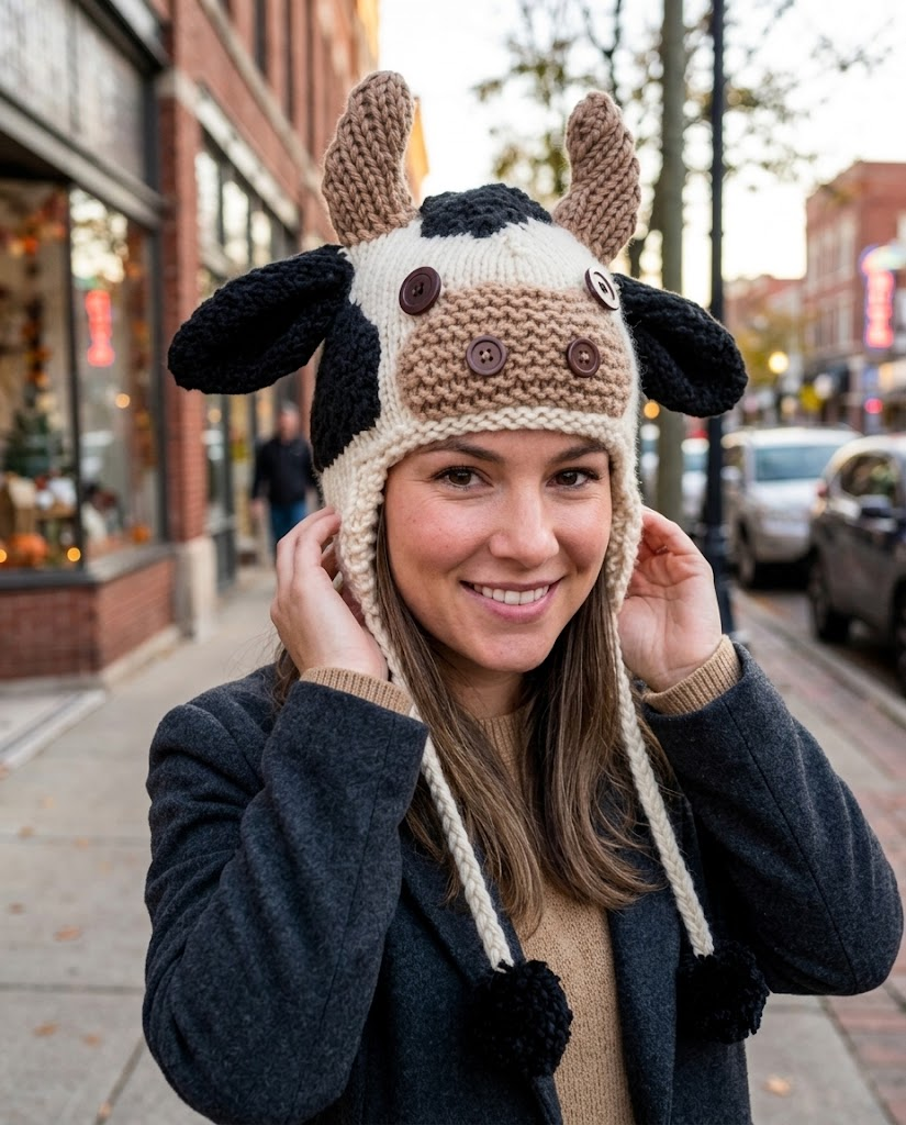 3D Spotted Cow Earflap Knit Beanie