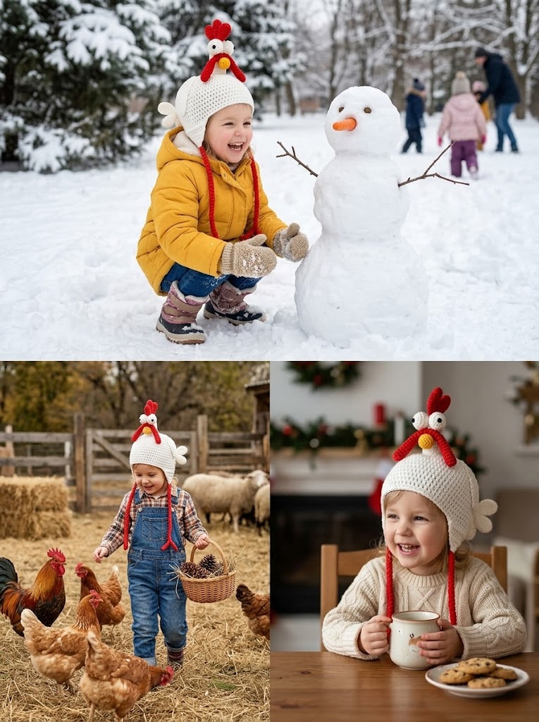 Handmade 3D Silly Chicken Crochet Earflap Beanie with Dangling Legs & Tail