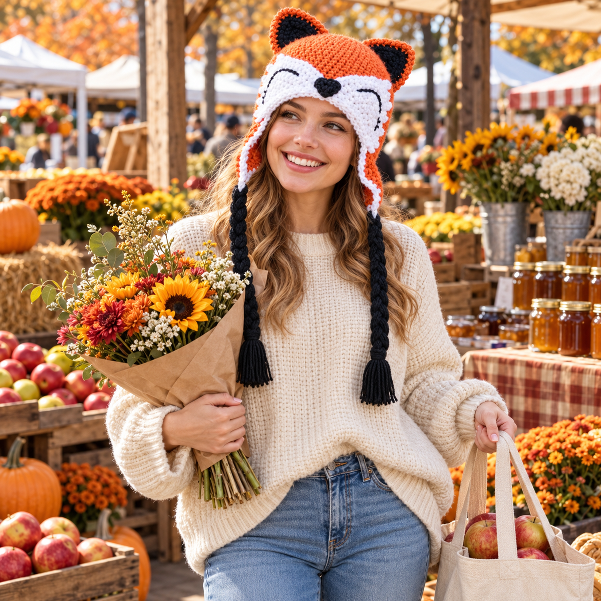 Handmade 3D Cute Fox Crochet Earflap Hat – Cozy Animal Hat for Kids &amp; Adults