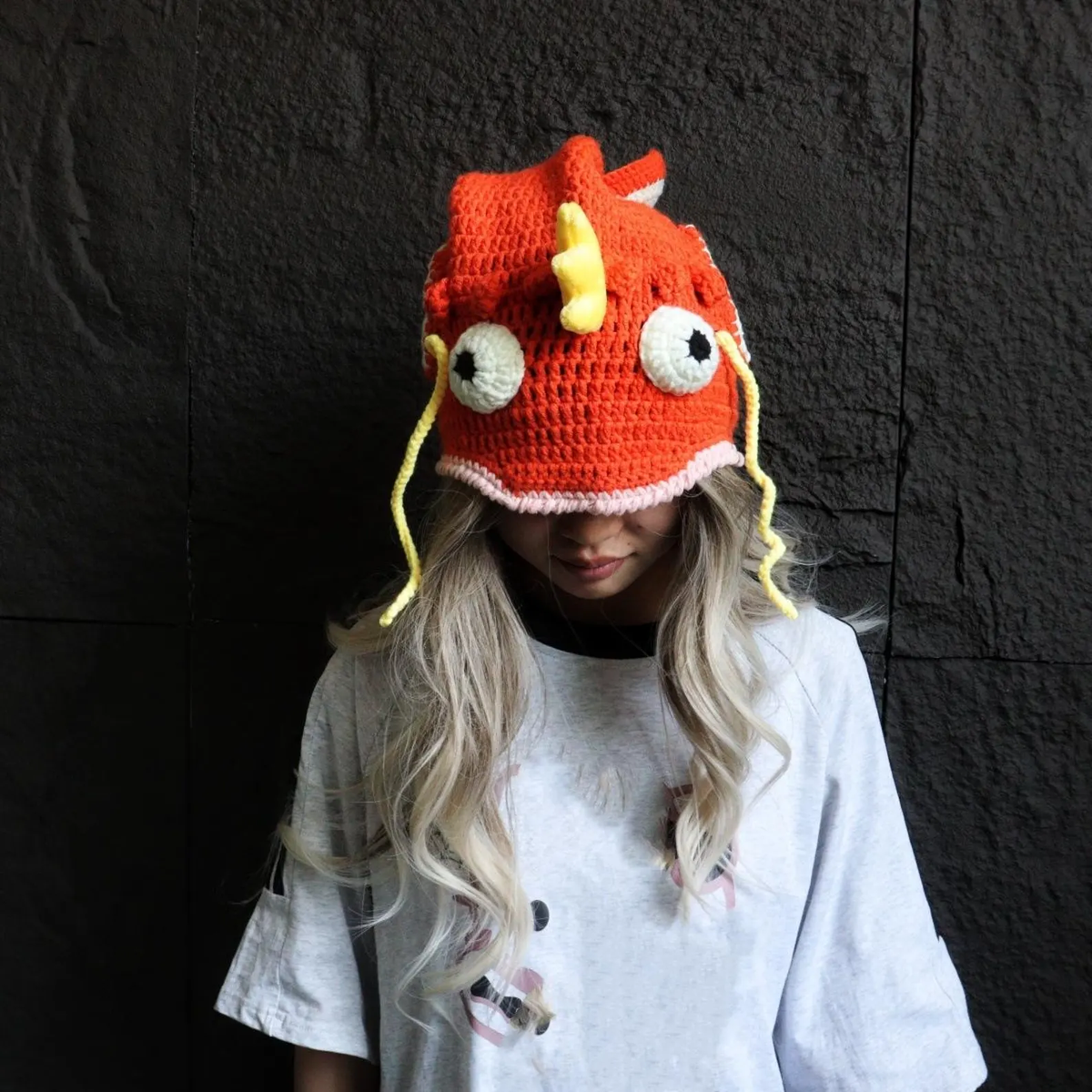 Funny Crochet Carp Head Hat with Crown & Big Eyes - Handmade Orange Fish King Beanie