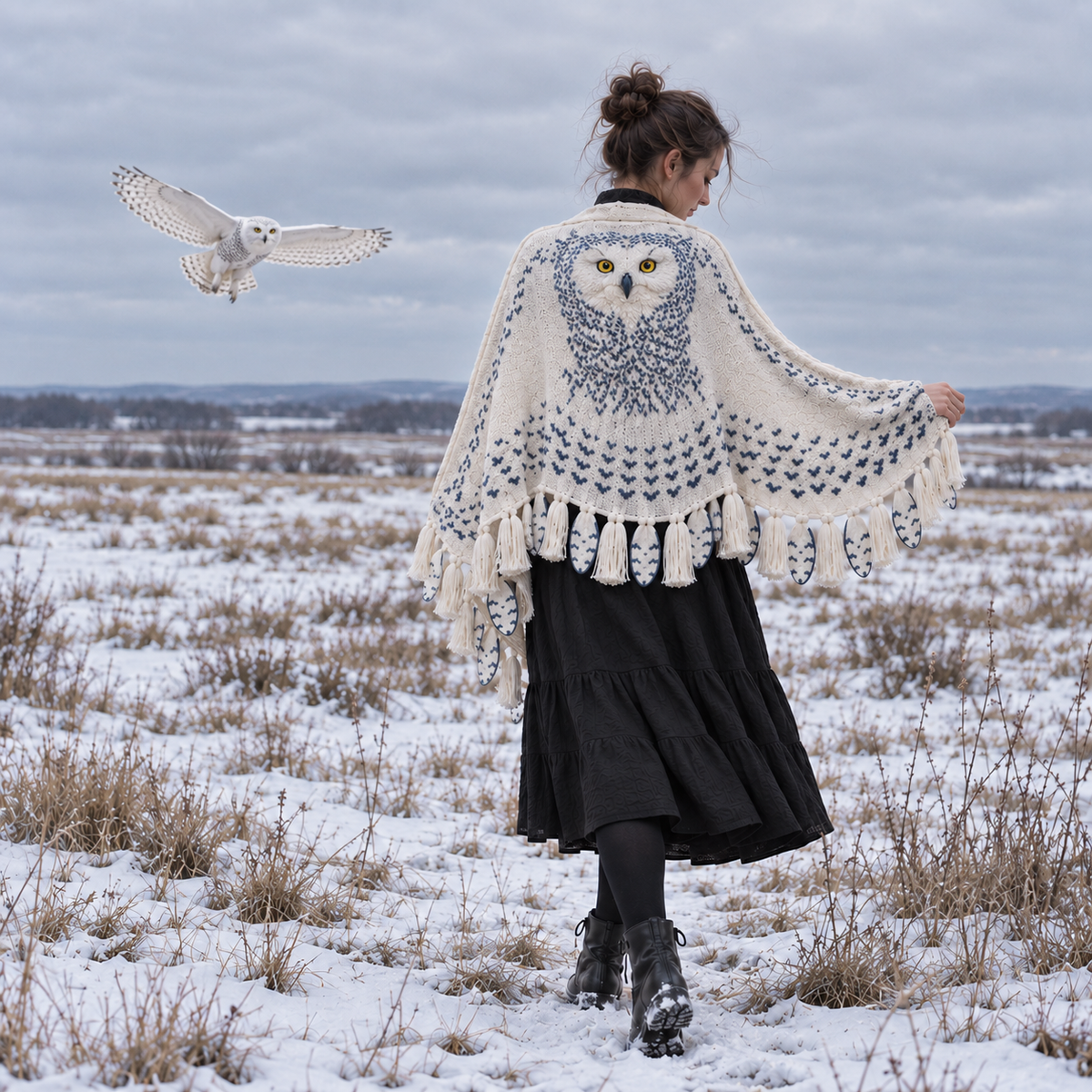 Funny Snowy Owl Wing Shawl – Knitted Scarf with Feather Fringe