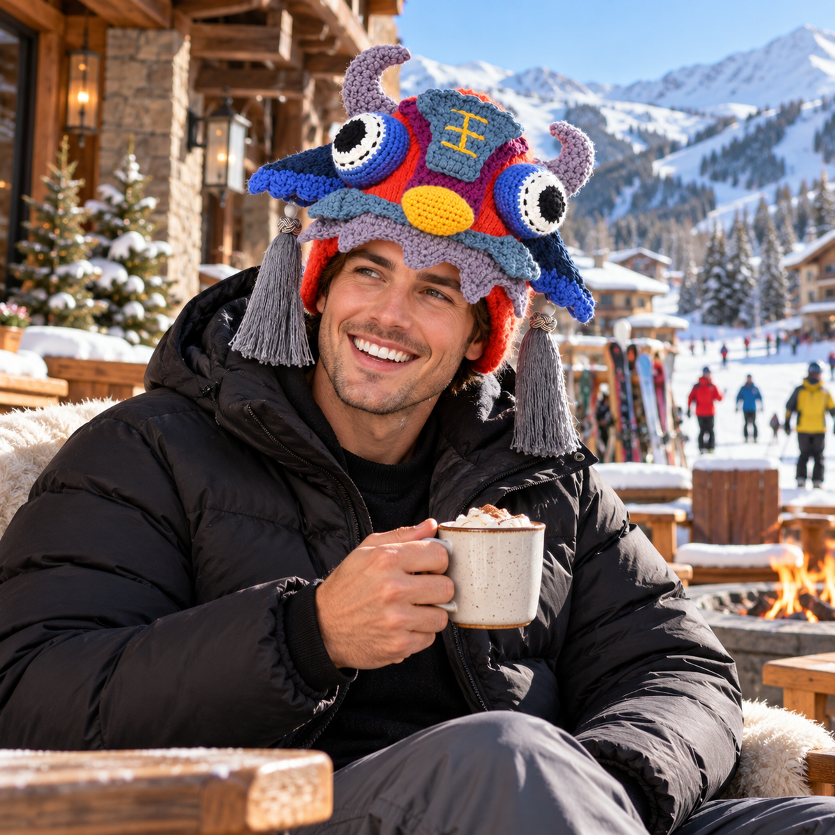 Handmade 3D Monster Crochet Hat – Colorful Creature Hat with Horns &amp; Tassels for Adults