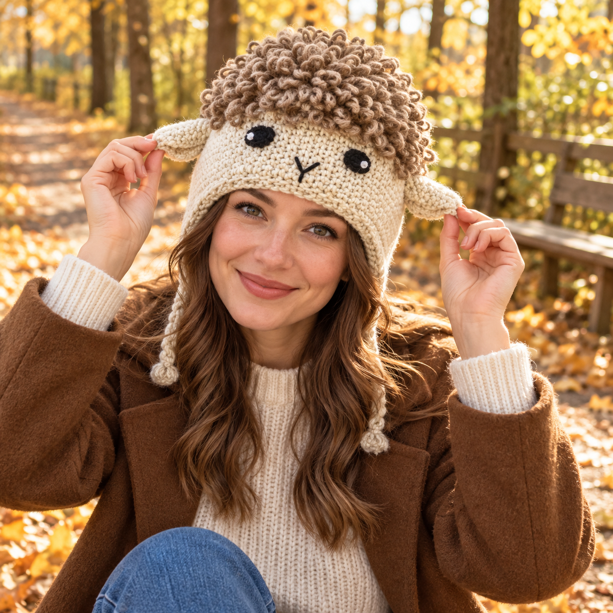 Handmade 3D Lamb Crochet Hat – Cute Fluffy Sheep Animal Earflap Hat for Kids &amp; Adults