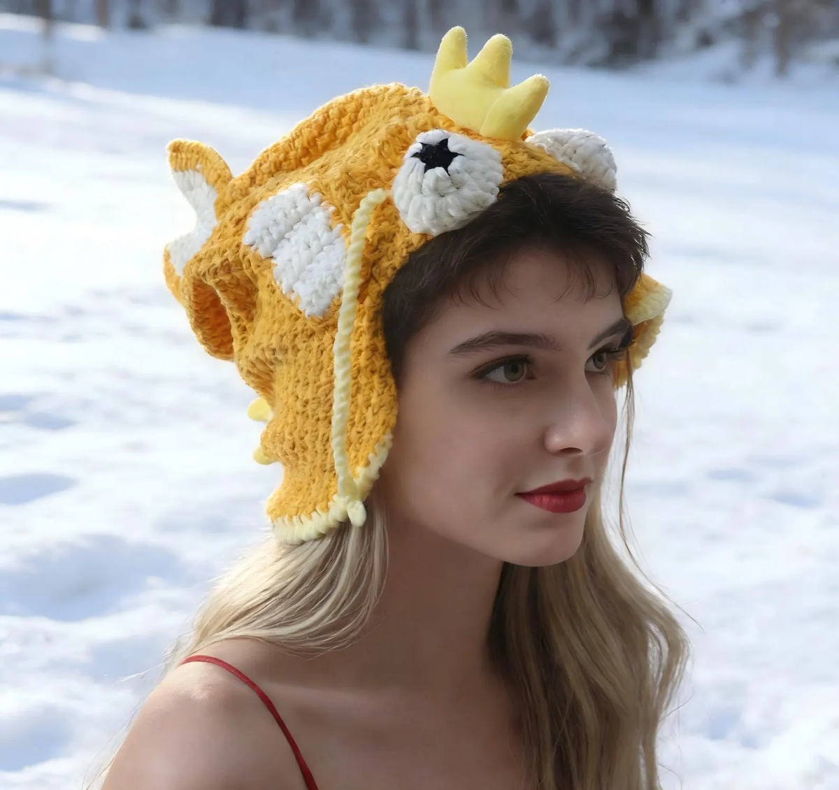 Funny Crochet Carp Head Hat with Crown & Big Eyes - Handmade Orange Fish King Beanie