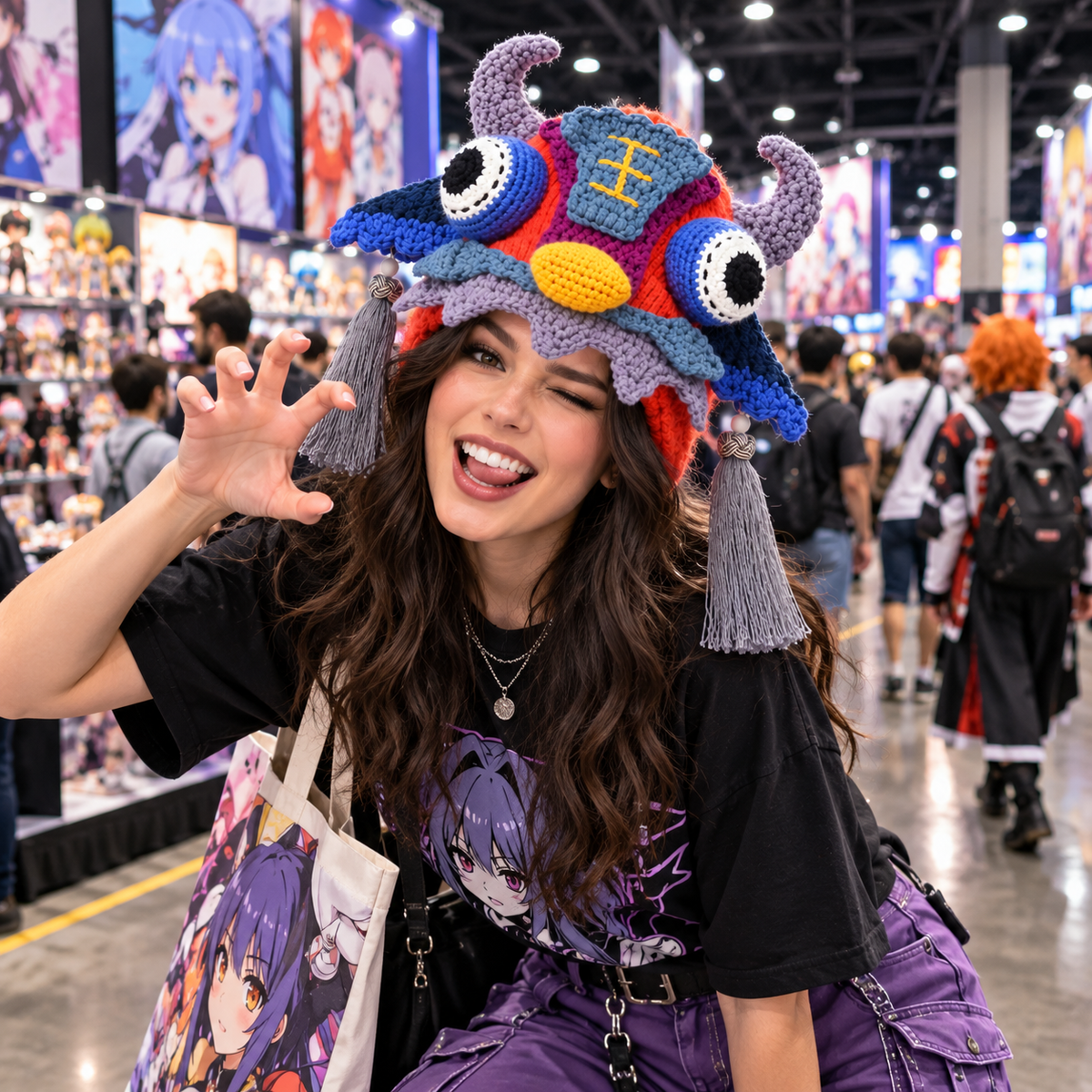 Handmade 3D Monster Crochet Hat – Colorful Creature Hat with Horns &amp; Tassels for Adults