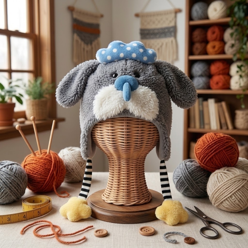 Cute Puppy Plush Earflap Hat – Funny Grey Dog Beanie with Floppy Ears, Blue Polka-Dot Bow & Striped Paw Tassels