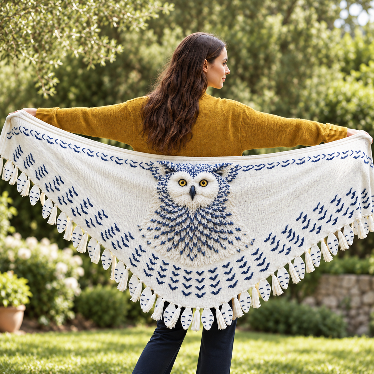 Funny Snowy Owl Wing Shawl – Knitted Scarf with Feather Fringe