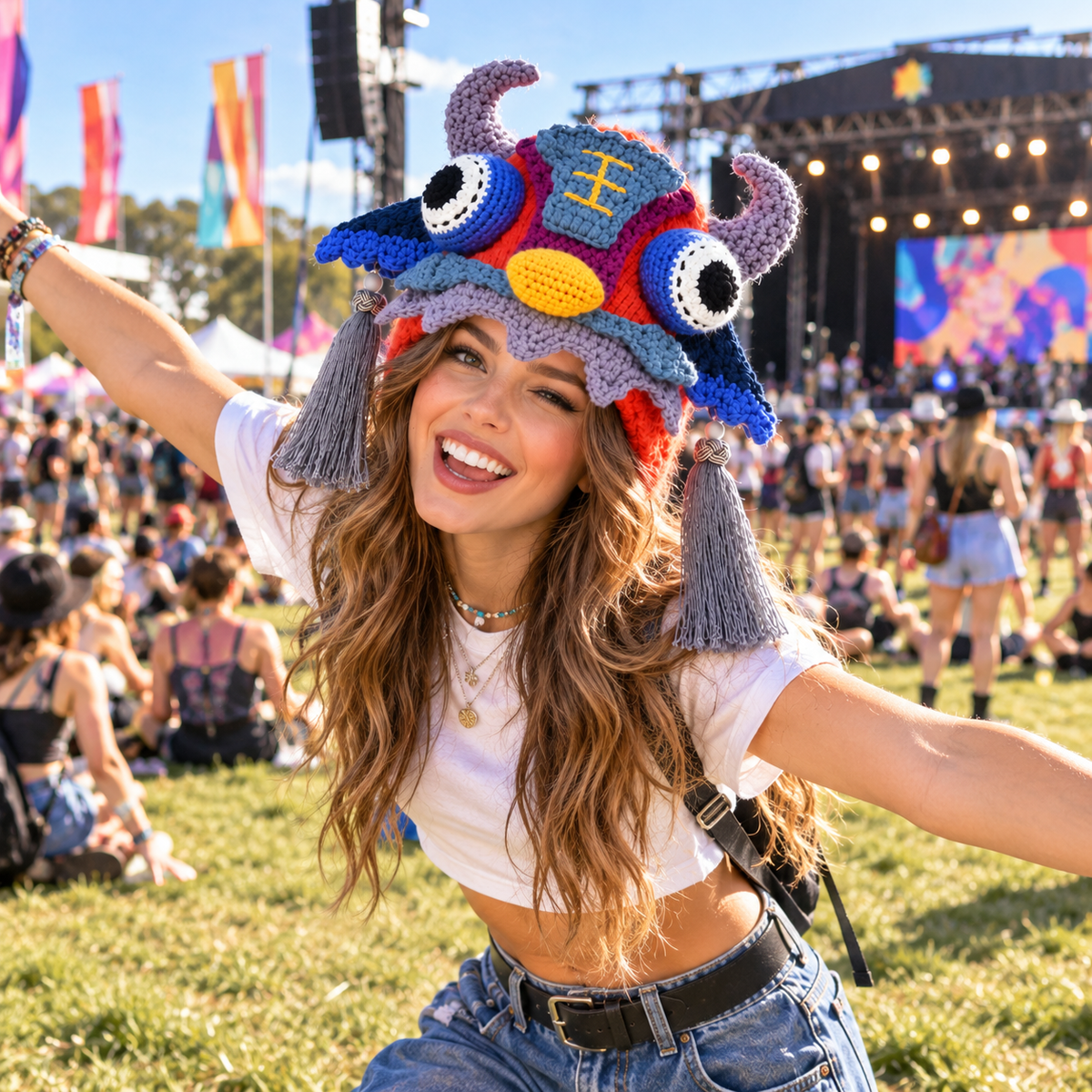Handmade 3D Monster Crochet Hat – Colorful Creature Hat with Horns &amp; Tassels for Adults