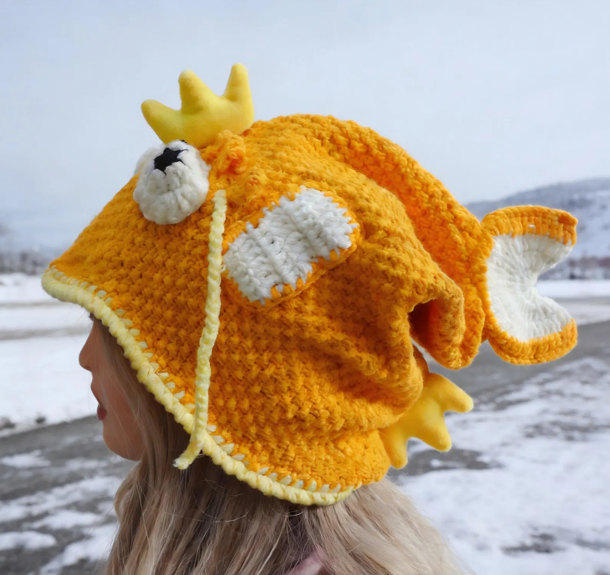Funny Crochet Carp Head Hat with Crown & Big Eyes - Handmade Orange Fish King Beanie