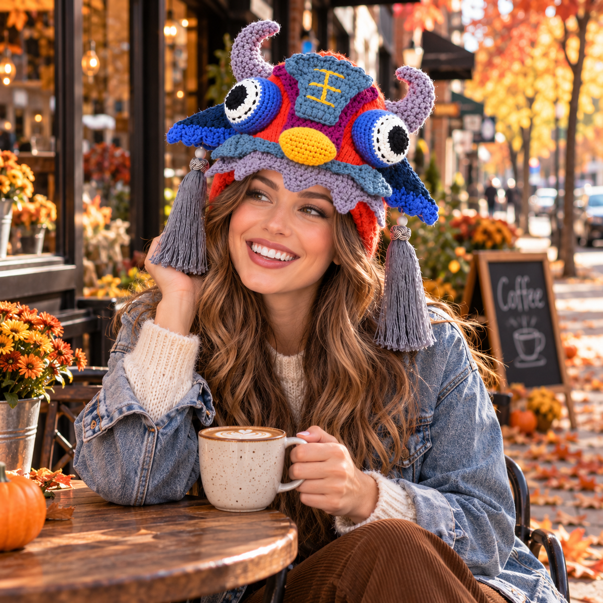 Handmade 3D Monster Crochet Hat – Colorful Creature Hat with Horns &amp; Tassels for Adults