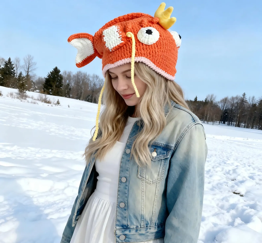 Funny Crochet Carp Head Hat with Crown & Big Eyes - Handmade Orange Fish King Beanie