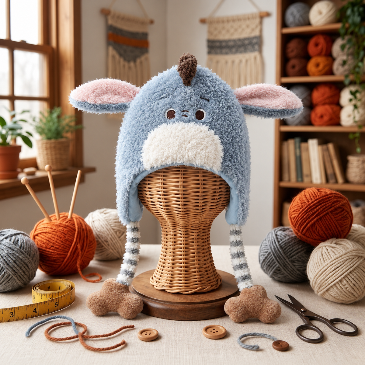 Cute Puppy Plush Earflap Hat – Funny Grey Dog Beanie with Floppy Ears, Blue Polka-Dot Bow & Striped Paw Tassels
