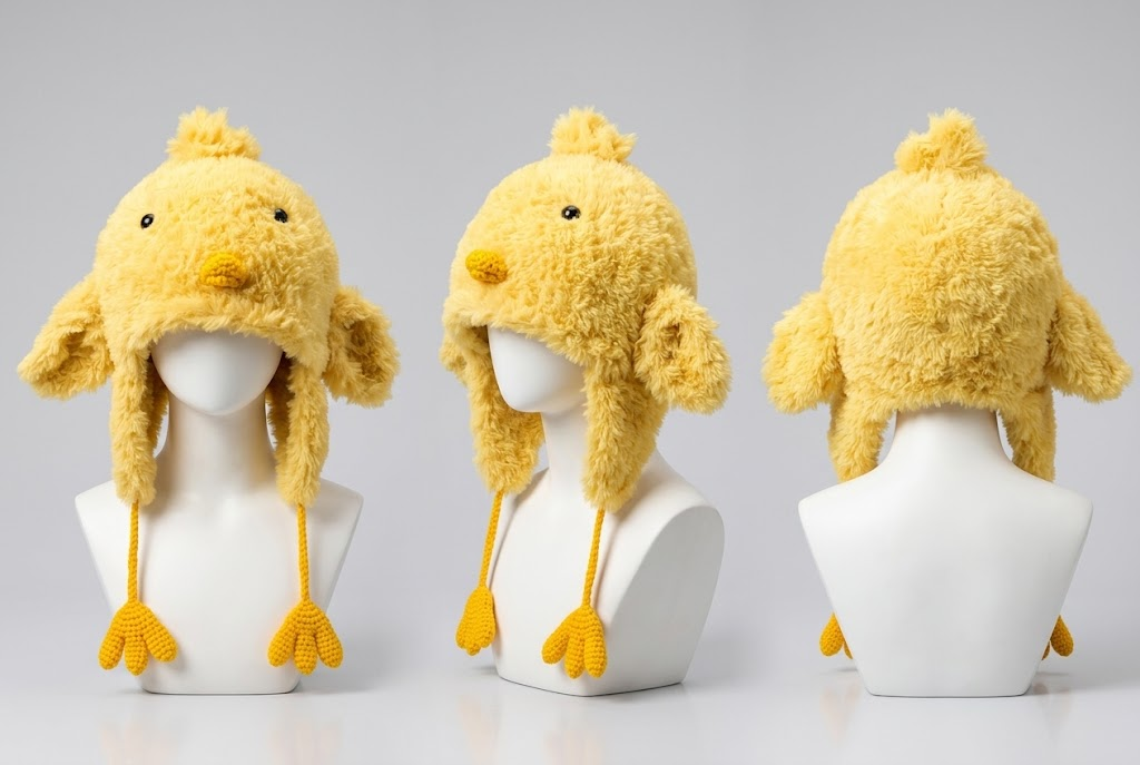 Sunny Chick Fluffy 3D Earflap Beanie with Cute Foot Tassels