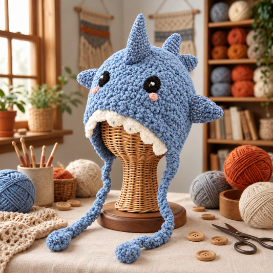 Cute Kids Shark Crochet Earflap Hat – Playful Blue Ocean Beanie with 3D Fins, Sharp Teeth & Braided Tassels
