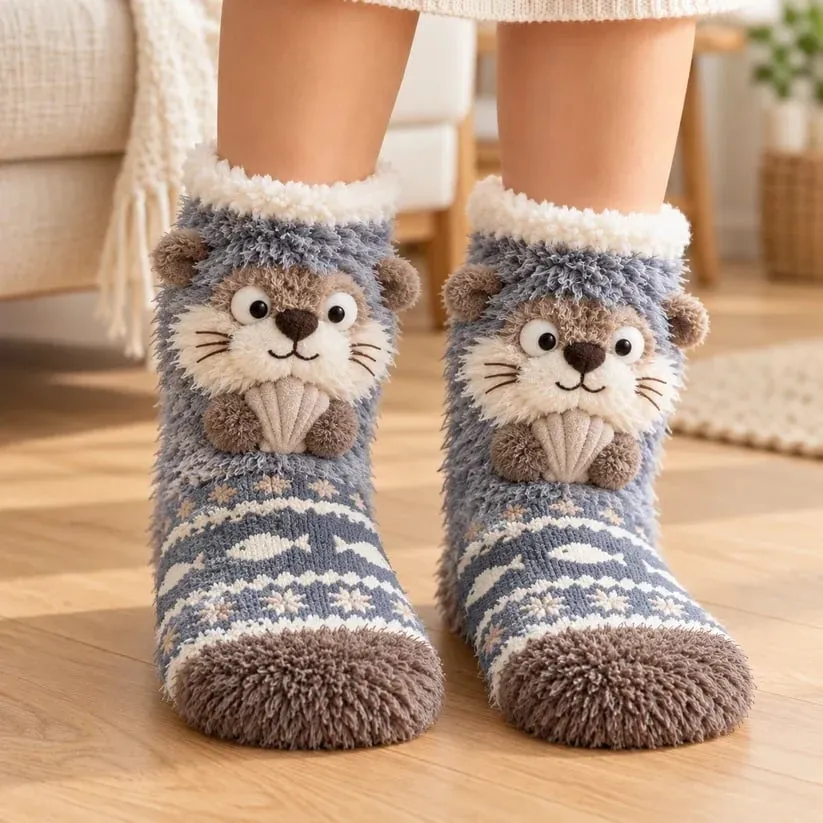 Cute 3D Woodland Animal Fuzzy Slipper Socks – Cozy Winter Socks with Owl, Fox, Robin &amp; Otter Designs