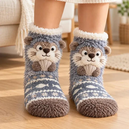 Cute 3D Woodland Animal Fuzzy Slipper Socks – Cozy Winter Socks with Owl, Fox, Robin &amp; Otter Designs