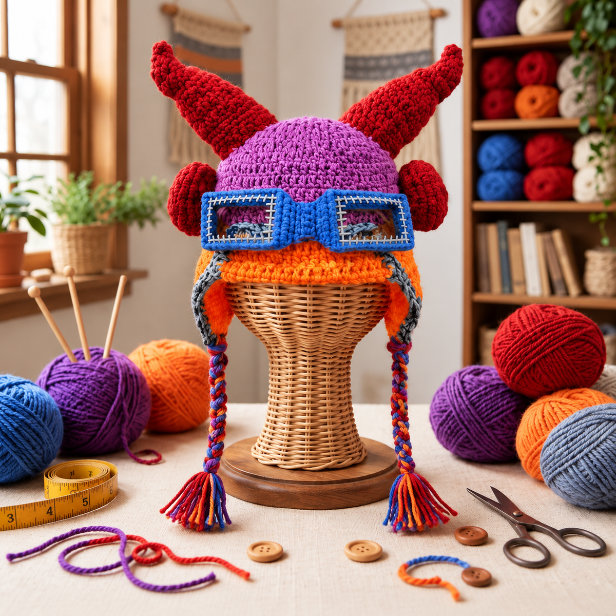 👾🧶 Handmade 3D Monster Crochet Hat – Colorful Horned Creature Earflap Hat with Blue Glasses for Kids &amp; Adults