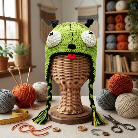 Funny Green Alien Monster Earflap Crochet Hat – Cute 3D Big Eyes Handmade Knit Hat