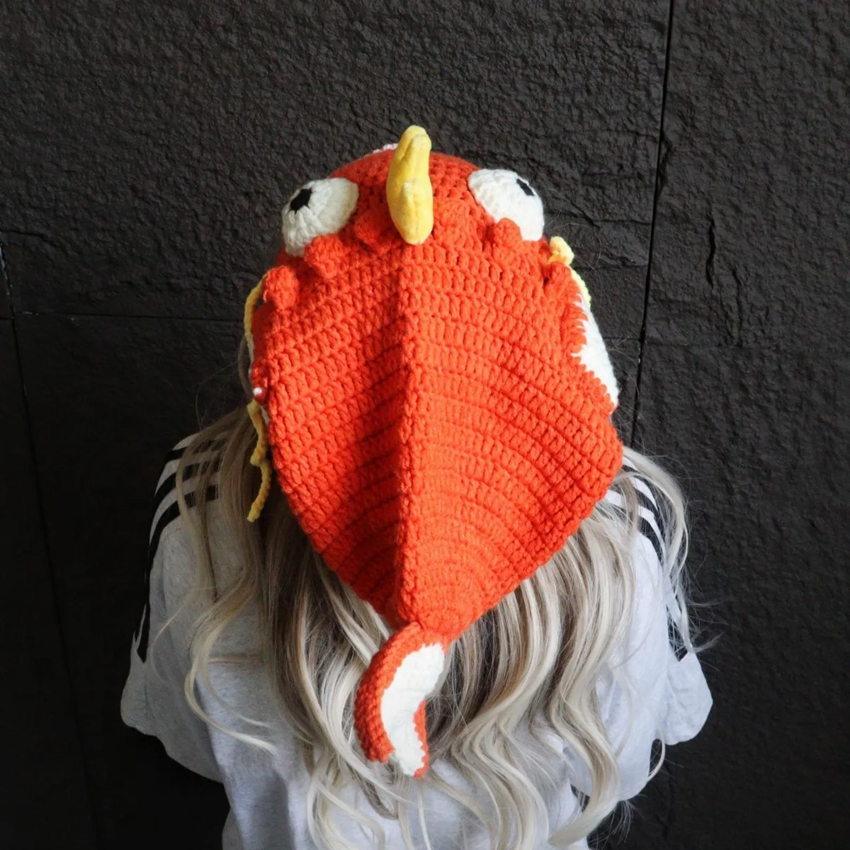 Funny Crochet Carp Head Hat with Crown & Big Eyes - Handmade Orange Fish King Beanie
