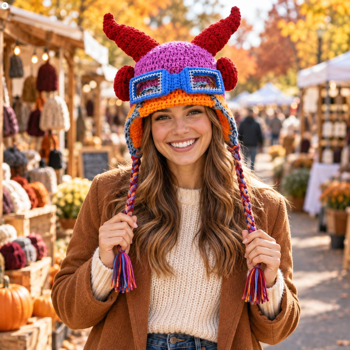 👾🧶 Handmade 3D Monster Crochet Hat – Colorful Horned Creature Earflap Hat with Blue Glasses for Kids &amp; Adults