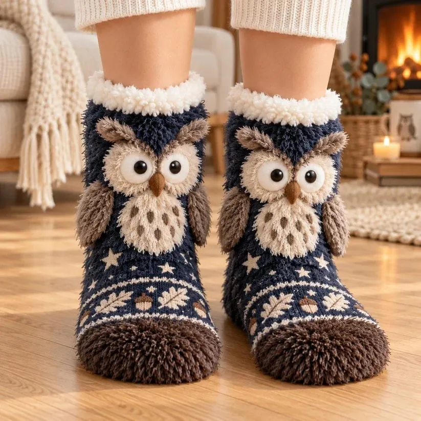 Cute 3D Woodland Animal Fuzzy Slipper Socks – Cozy Winter Socks with Owl, Fox, Robin &amp; Otter Designs