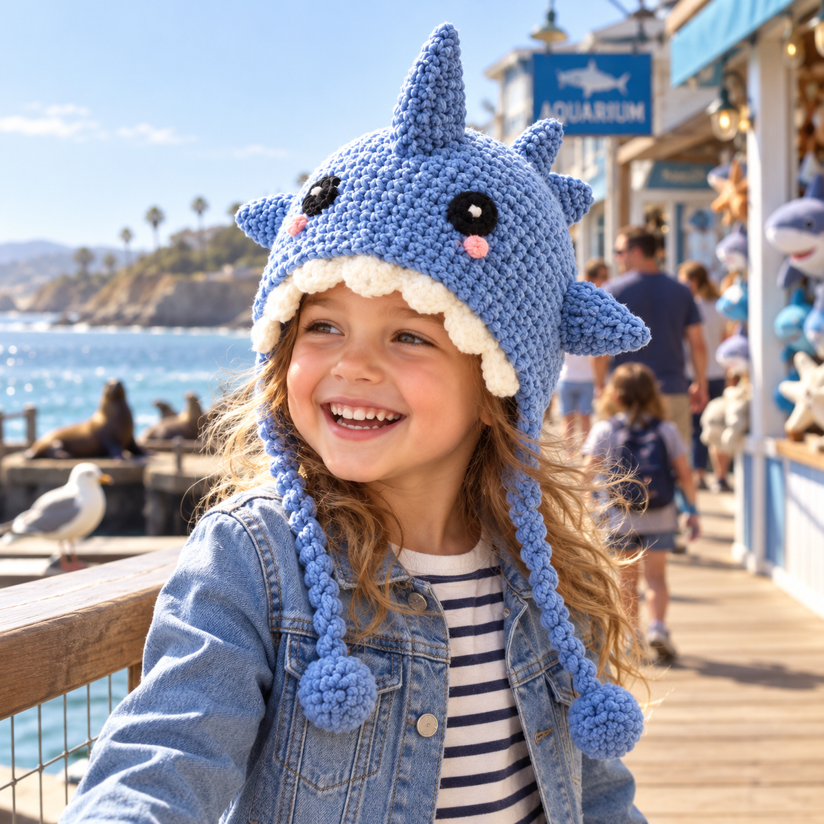 Cute Kids Shark Crochet Earflap Hat – Playful Blue Ocean Beanie with 3D Fins, Sharp Teeth & Braided Tassels