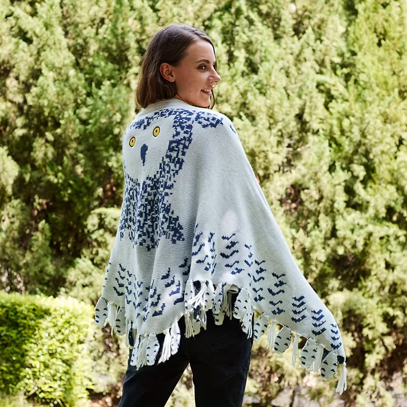 Vintage Knit Owl Wing Scarf with Tassel Fringe