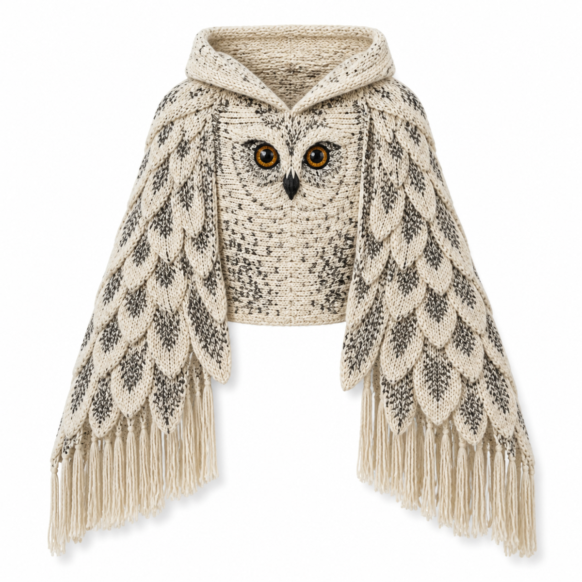 White Owl Wing Knit Scarf – Cozy Bird Shawl with Tassel Fringe