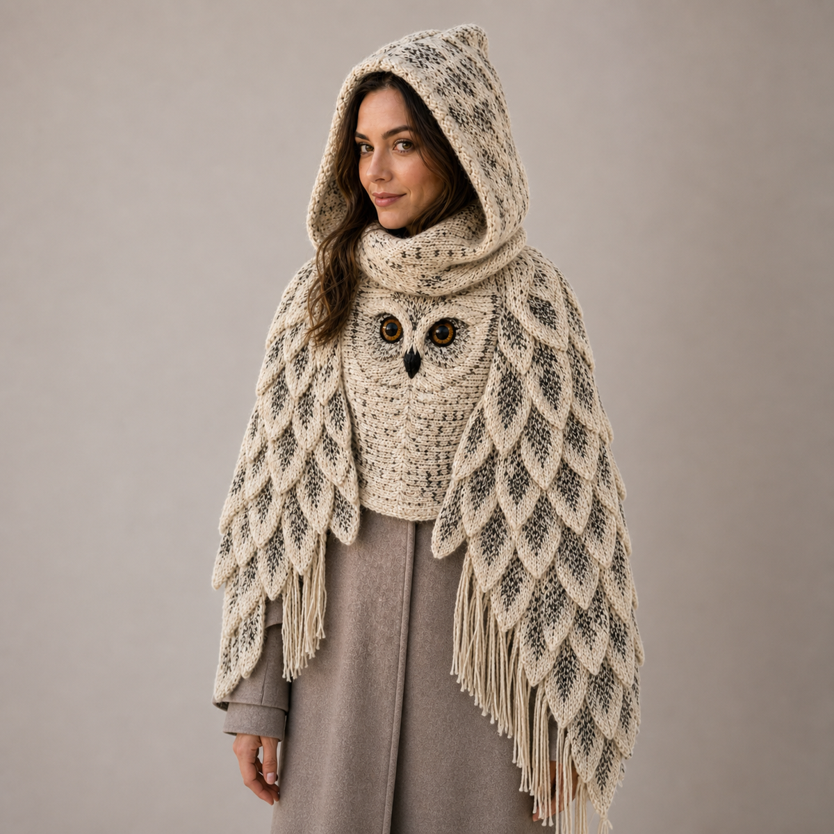 White Owl Wing Knit Scarf – Cozy Bird Shawl with Tassel Fringe